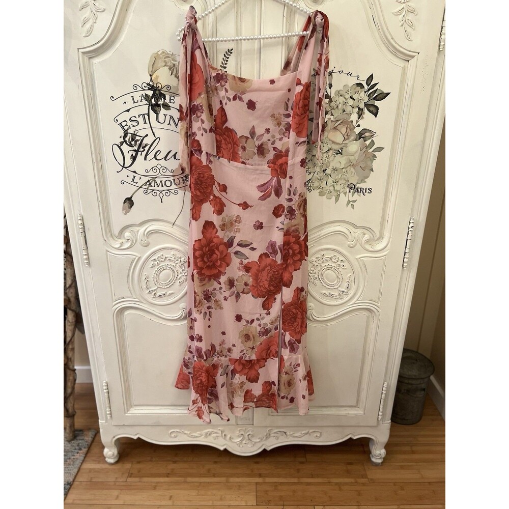 Lulus Summer Invite Midi Dress Blush Rose Tie Strap Tiered Size L NWT - Picture 2 of 9
